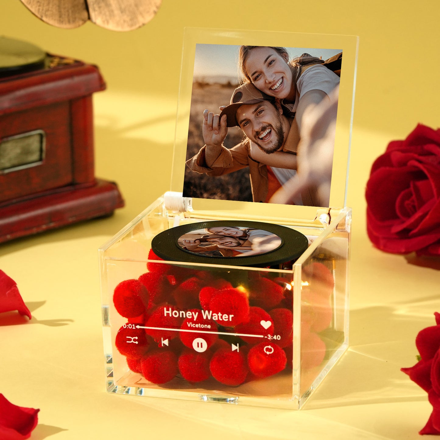 Personalized Mini Music Record Player Custom Photo with Light Acrylic Box Gift For Her