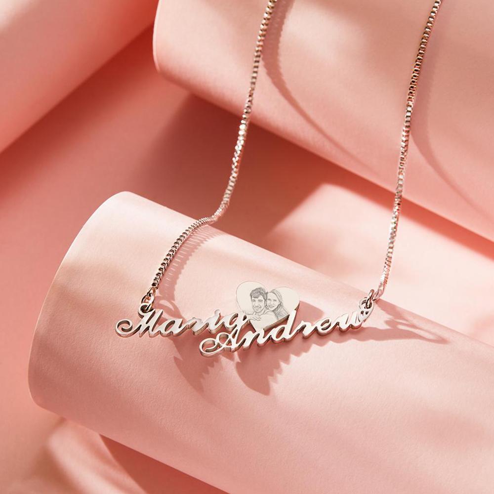Custom Engraved Heart Photo Necklace Double Plated Name Necklace for Women