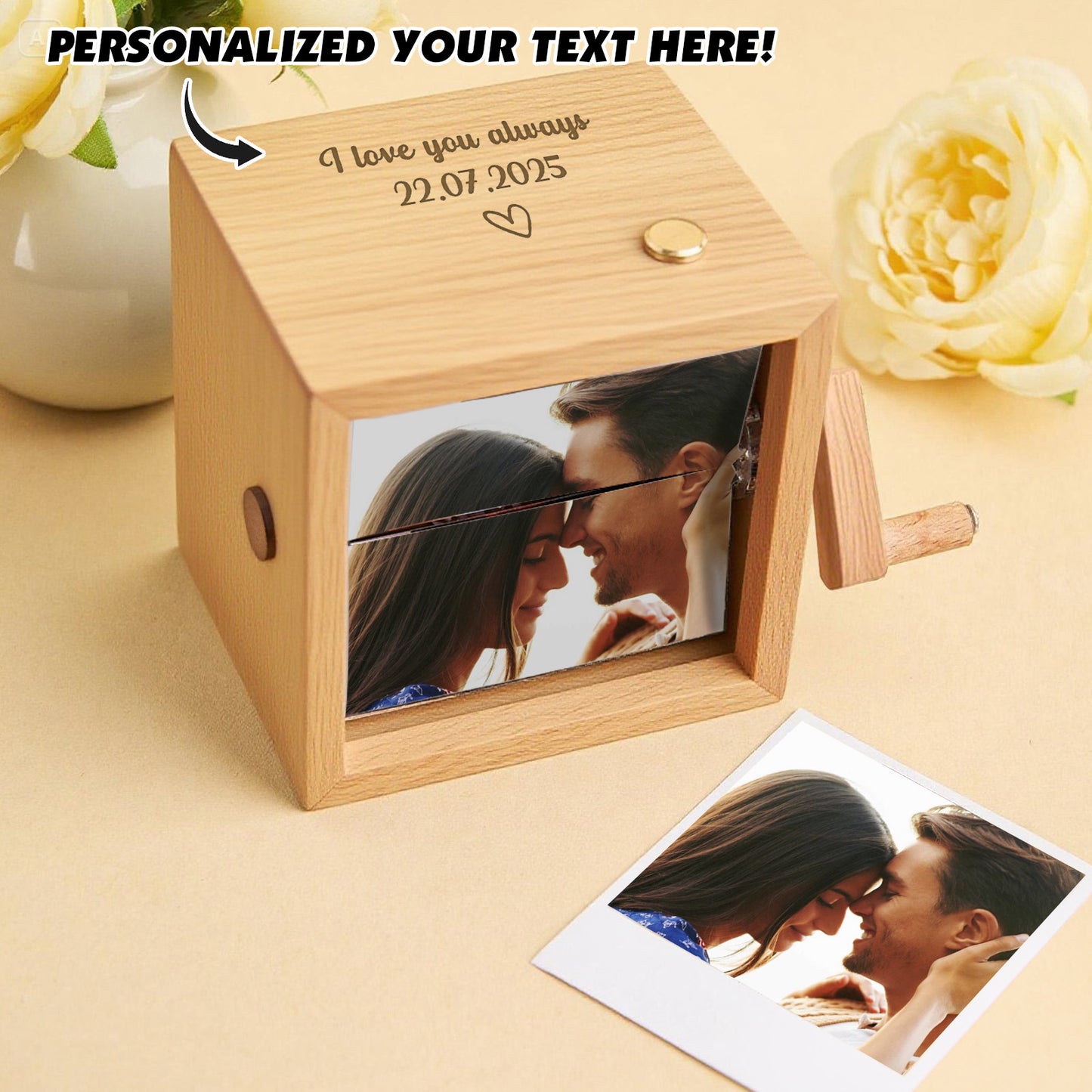 Custom Text & Photo Flipbook Frame Animation Machine without Music Detachable Photos Hand cranked Flipbook Box with Light Anniversary Gift For Wife