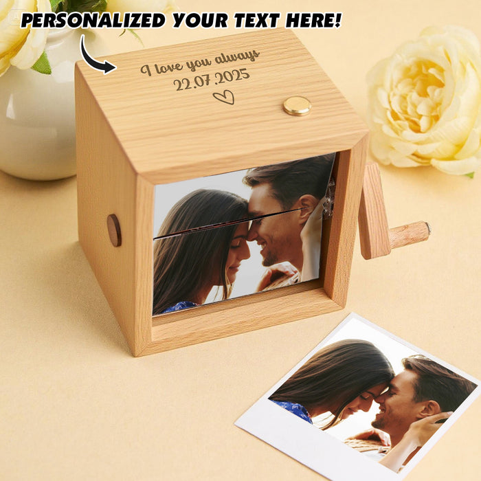 Custom Text & Photo Flipbook Frame Animation Machine without Music Detachable Photos Hand cranked Flipbook Box with Light Anniversary Gift For Wife