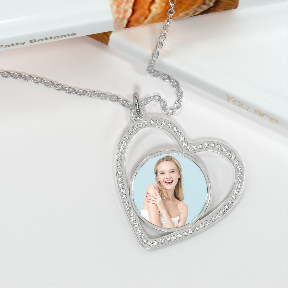 Custom Heart Pendant Inlaid Zircons Photo Necklace For Wife