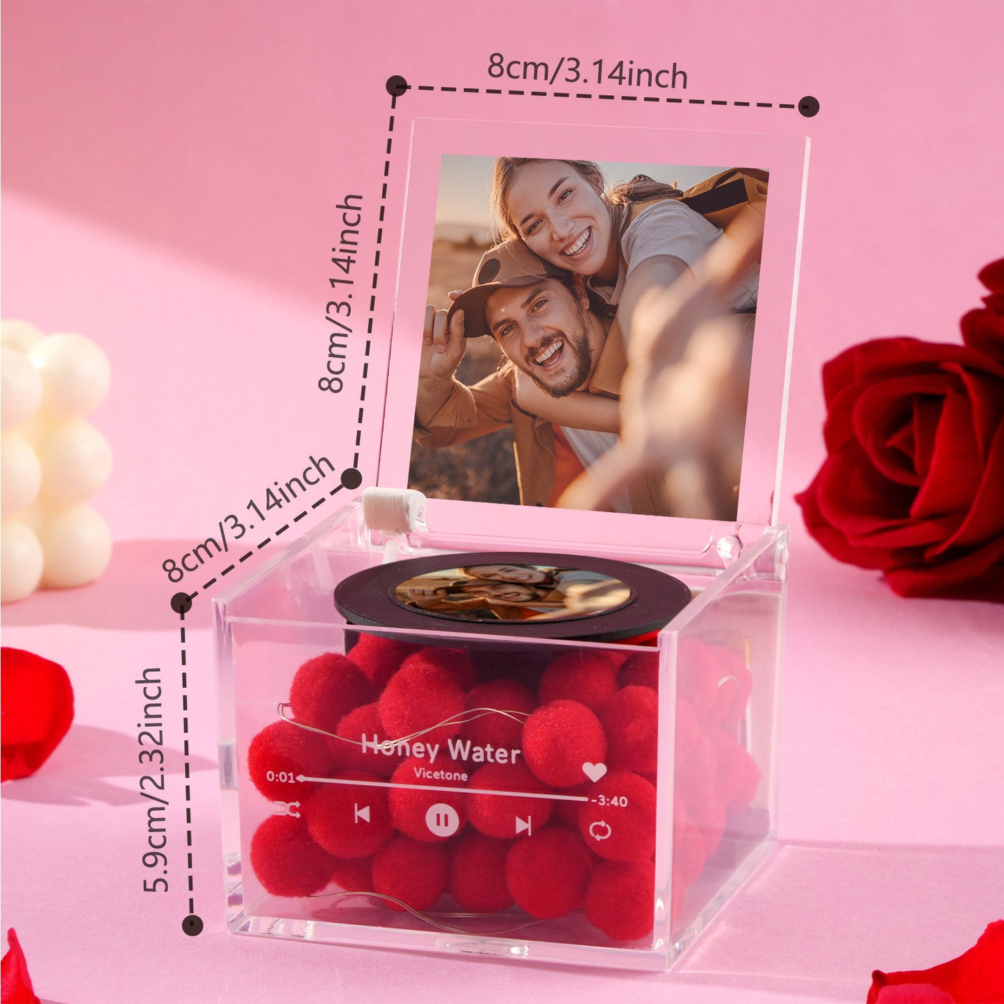 Personalized Mini Music Record Player Custom Photo with Light Acrylic Box Gift For Her