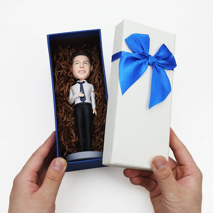 Hero Raises Fist Wear Black Suit Custom Bobblehead with Engraved Text