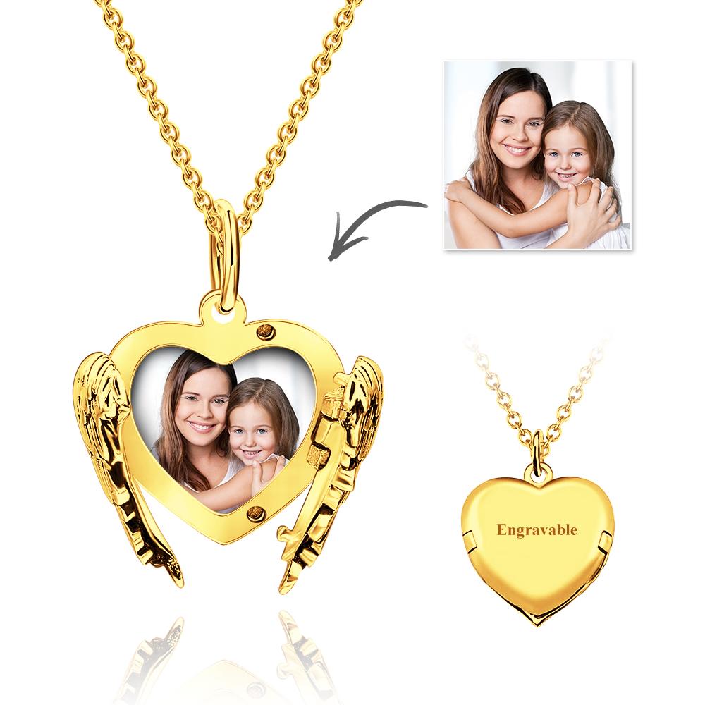 Cutsom Angel Wings Heart Locket Necklace with Engraving for Girlfriend/Wife