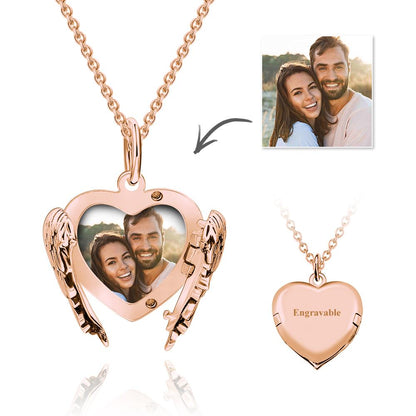 Cutsom Angel Wings Heart Locket Necklace with Engraving for Girlfriend/Wife
