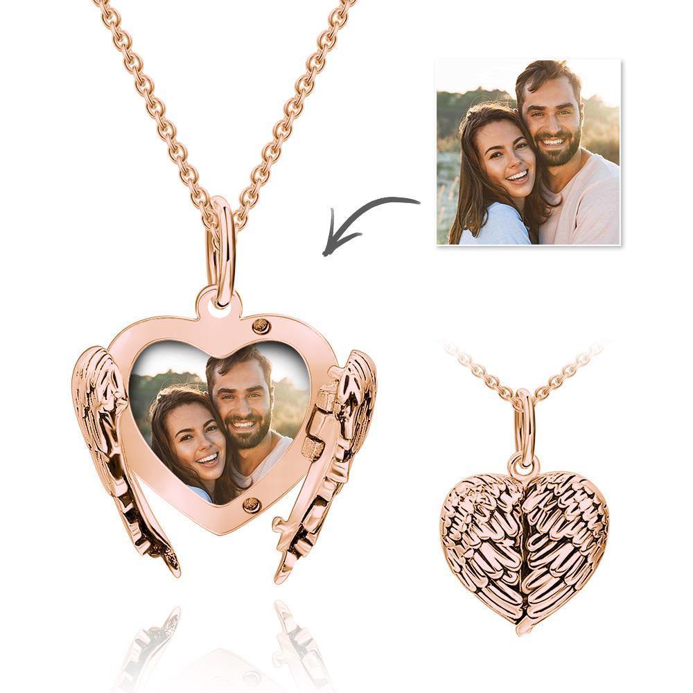 Cutsom Angel Wings Heart Locket Necklace with Engraving for Girlfriend/Wife