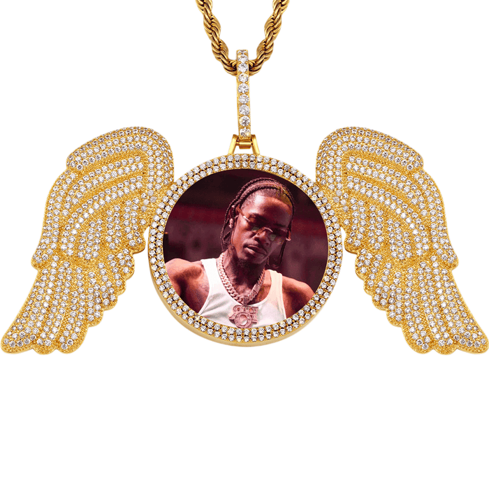 Iced Out Angel Wing Photo Necklace- Birthday Drip Hip-hop Chain for Men