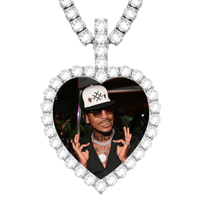 Iced Out Heart Photo Pendant Necklace for Hip-Hop Lovers – Engrave Your Story, Show Your Style
