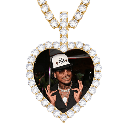 Iced Out Heart Photo Pendant Necklace for Hip-Hop Lovers – Engrave Your Story, Show Your Style