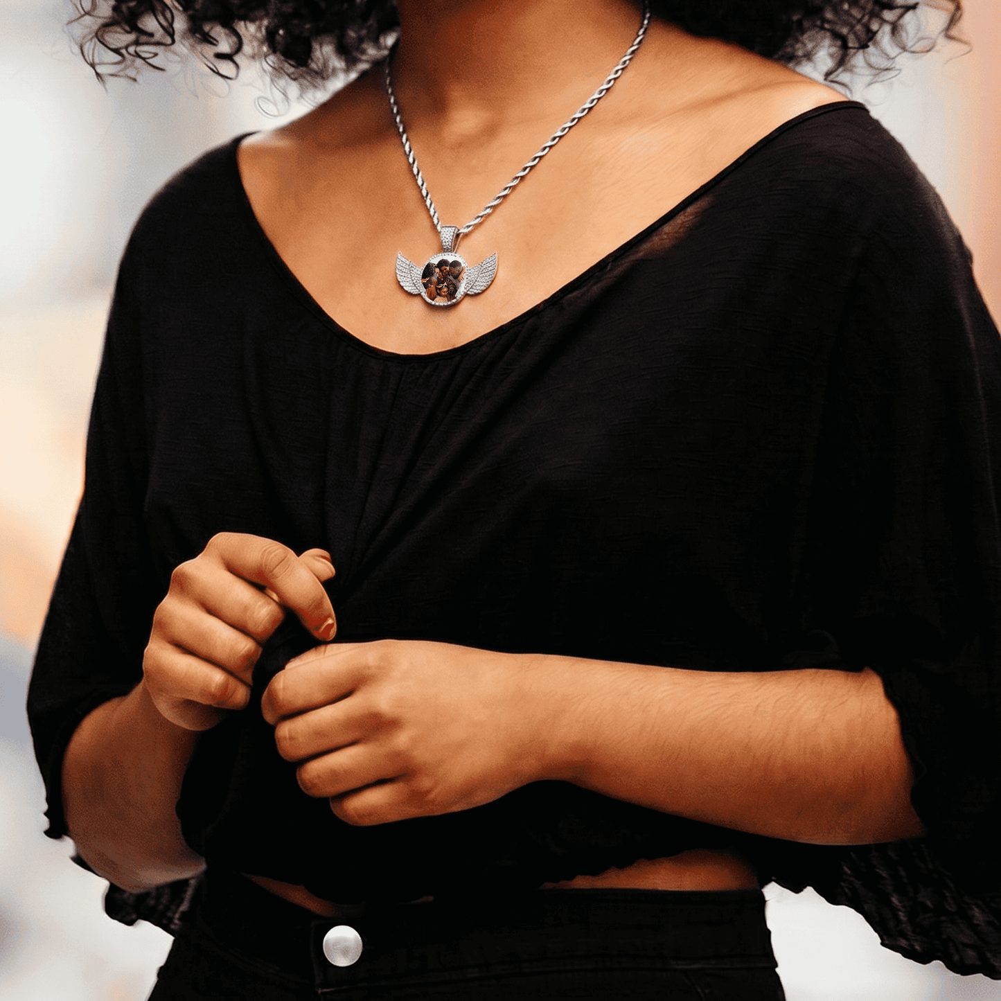 Personalized Photo Necklace with Wings 