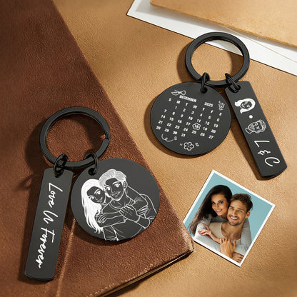 Personalized Calendar Keychain Custom Photo and Date Keyring Couple Portrait Keychain Anniversary Gift