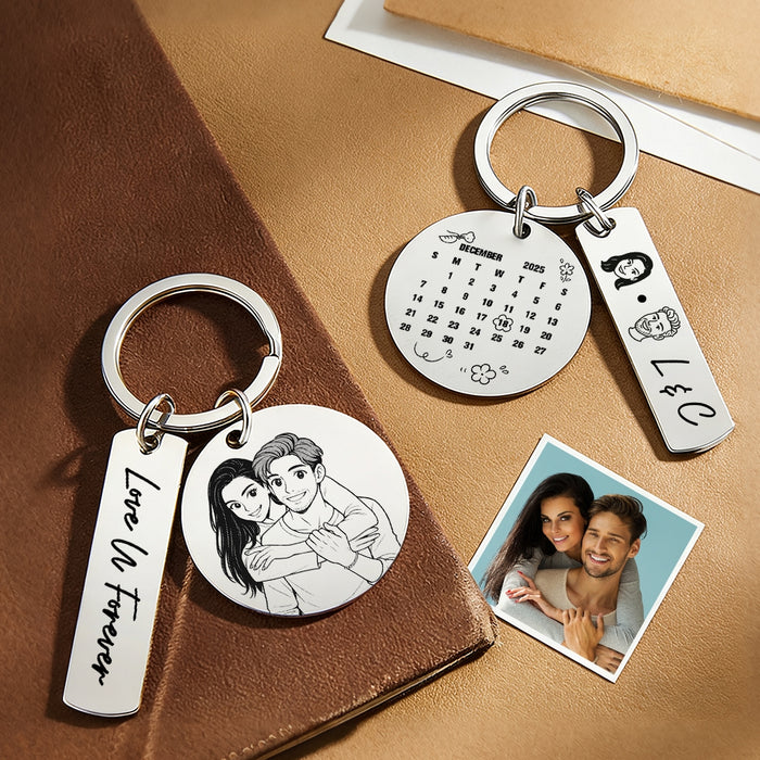 Personalized Calendar Keychain Custom Photo and Date Keyring Couple Portrait Keychain Anniversary Gift