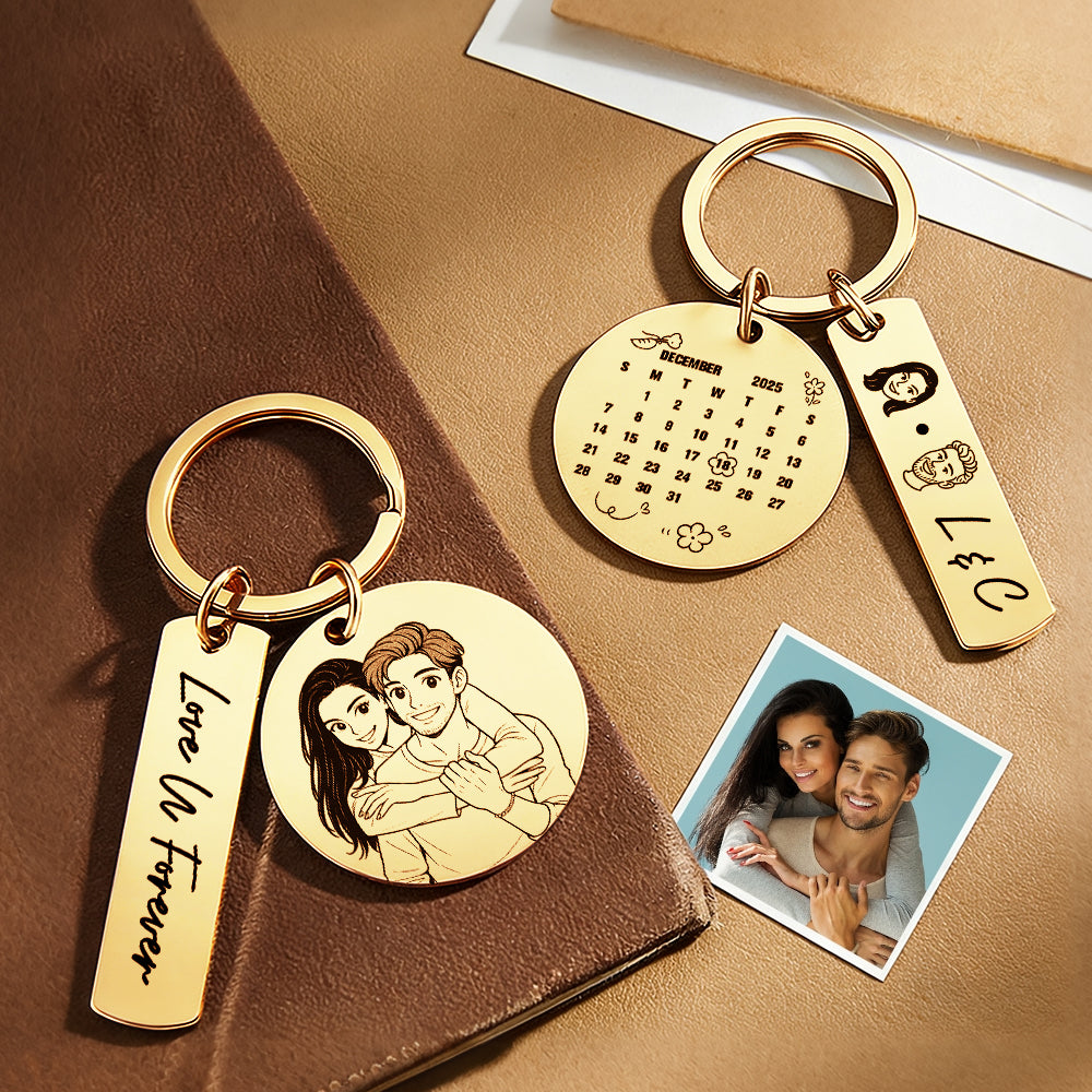 Personalized Calendar Keychain Custom Photo and Date Keyring Couple Portrait Keychain Anniversary Gift