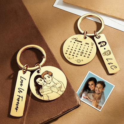 Personalized Calendar Keychain Custom Photo and Date Keyring Couple Portrait Keychain Anniversary Gift