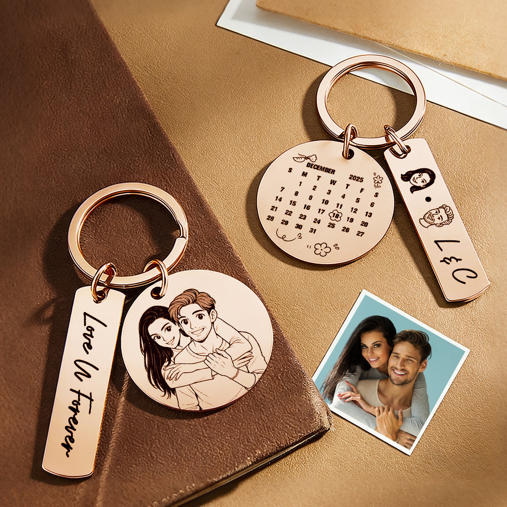 Personalized Calendar Keychain Custom Photo and Date Keyring Couple Portrait Keychain Anniversary Gift