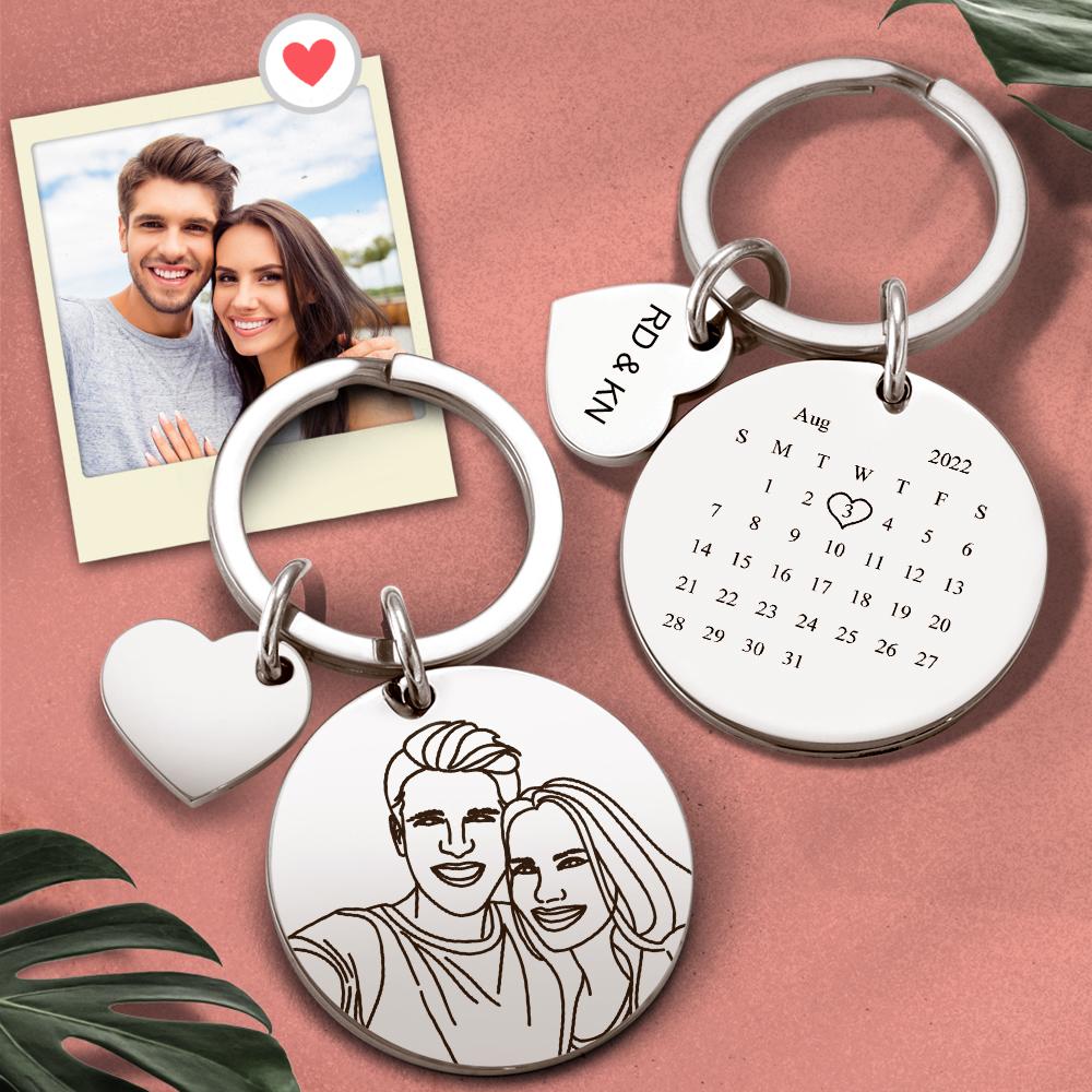 Custom Line Art Photo Engraved Keychain Significant Date and Photo Anniversary Gift For Couple