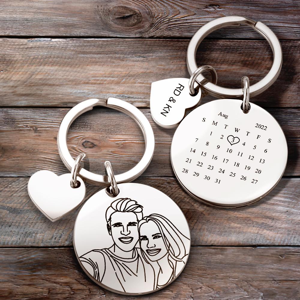 Custom Line Art Photo Engraved Keychain Significant Date and Photo Anniversary Gift For Couple