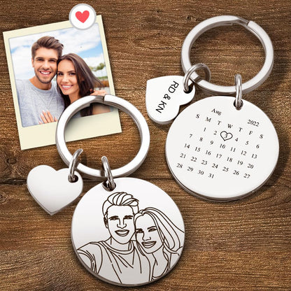 Custom Line Art Photo Engraved Keychain Significant Date and Photo Anniversary Gift For Couple