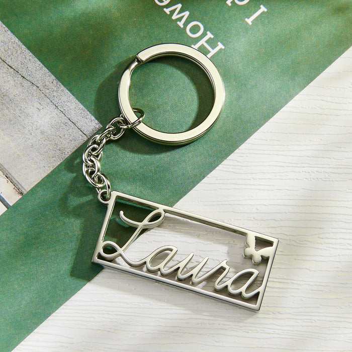 Personalized Name Rectangle Border Keychain Custom Text Stainless Steel  Key Holder Creative Gifts for Him/Her