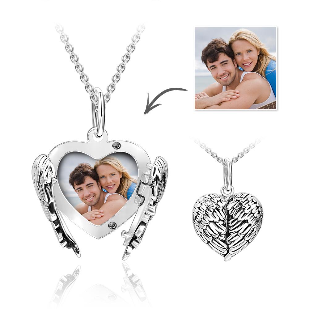 Cutsom Angel Wings Heart Locket Necklace with Engraving for Girlfriend/Wife