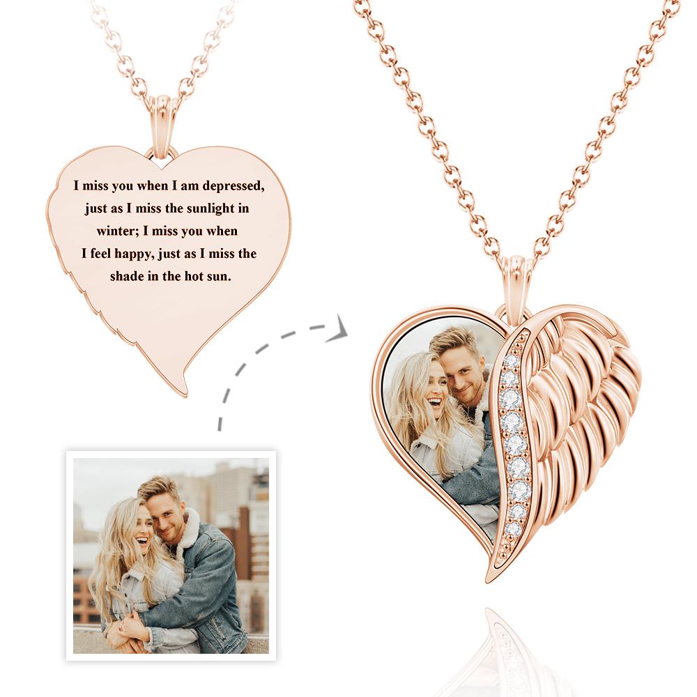 Custom Photo Engraved Necklace Angel Wings Heart Gift For Her