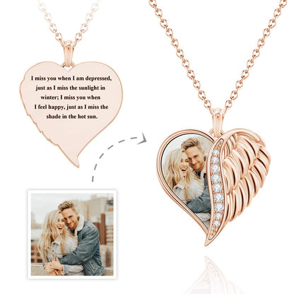 Custom Photo Engraved Necklace Angel Wings Heart Gift For Her