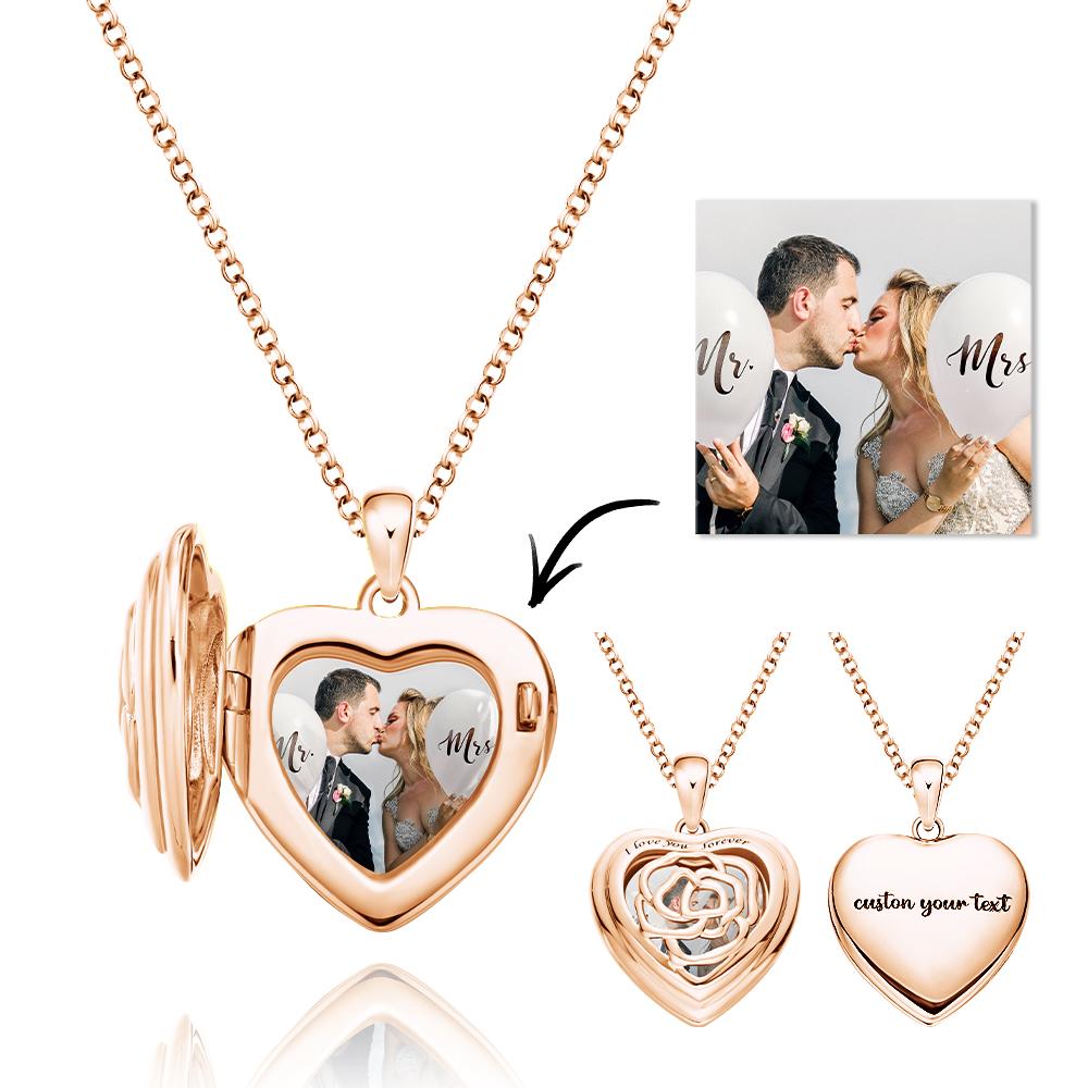 Custom Heart Photo Engraved Necklace Rose Necklace Gift for Women