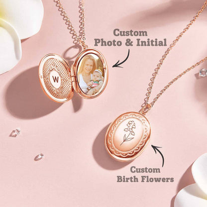 Personalized Birth Flower Locket Necklace with Photo Necklace Gift for Her