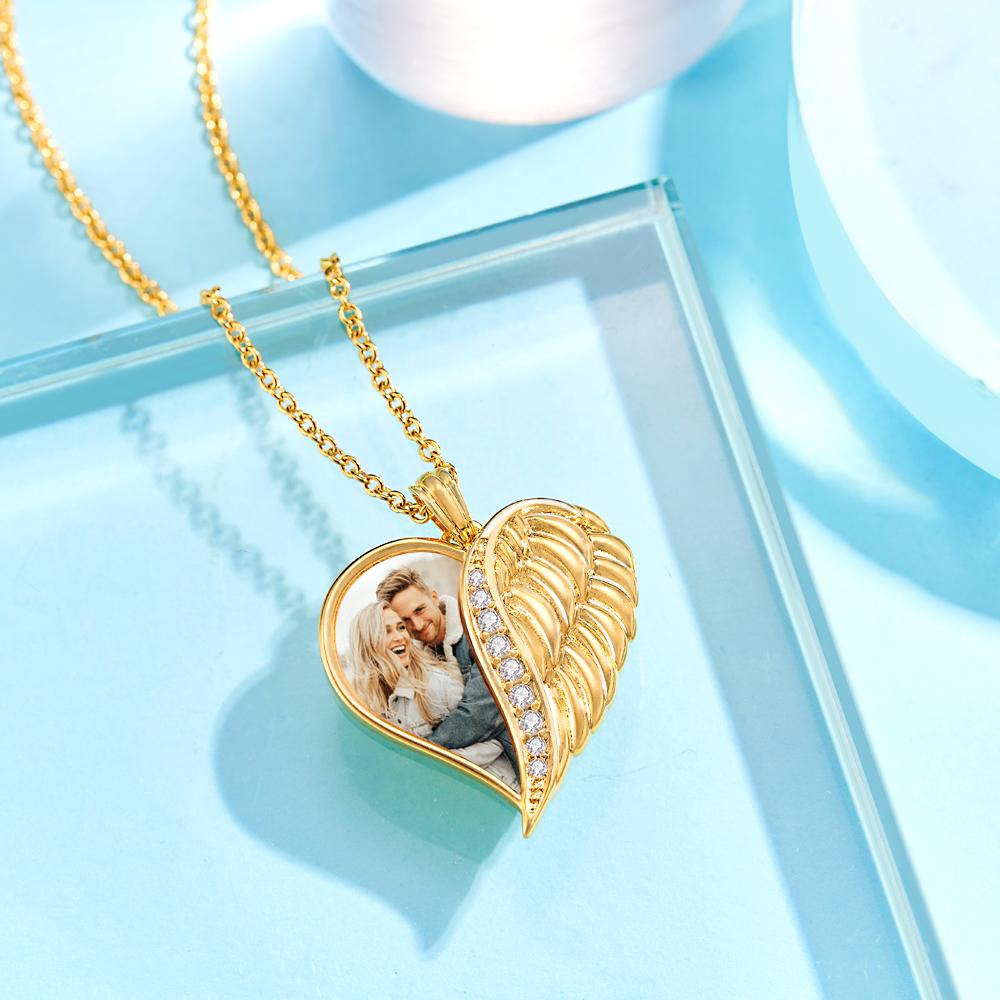 Custom Photo Engraved Necklace Angel Wings Heart Gift For Her