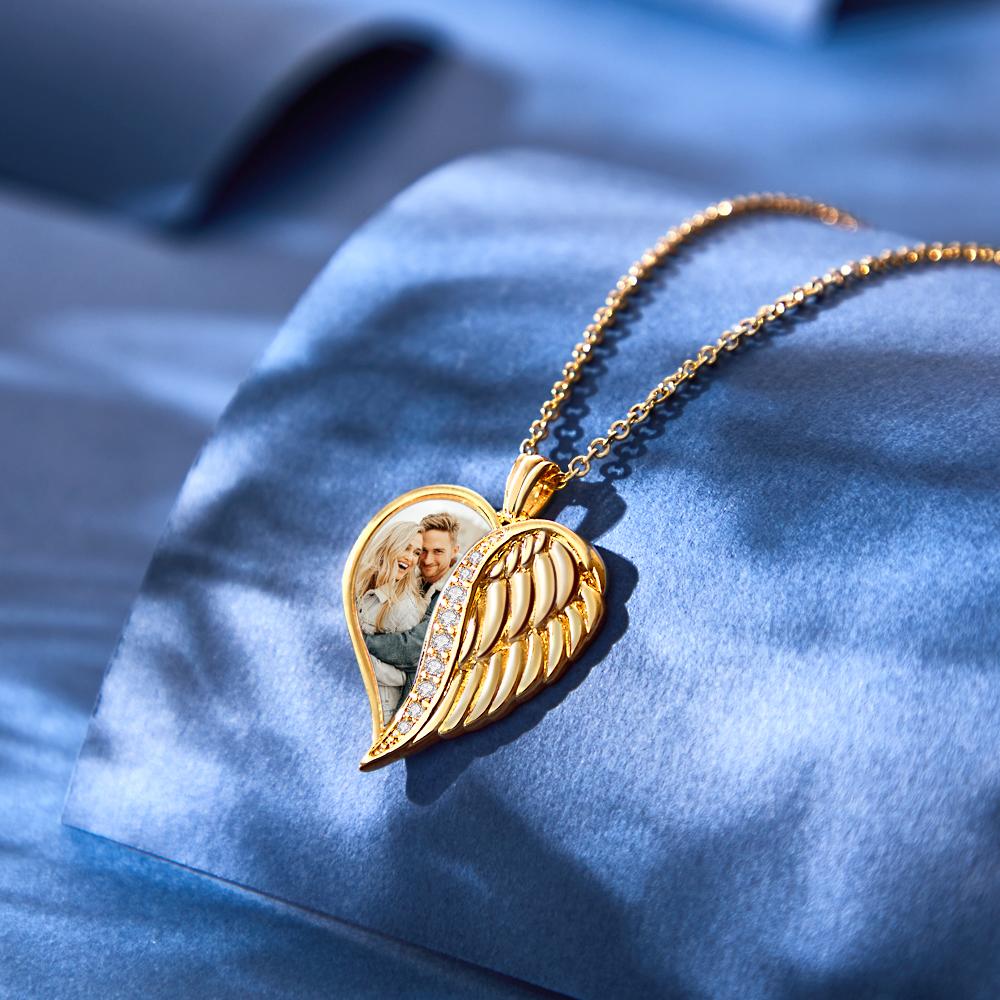 Custom Photo Engraved Necklace Angel Wings Heart Gift For Her