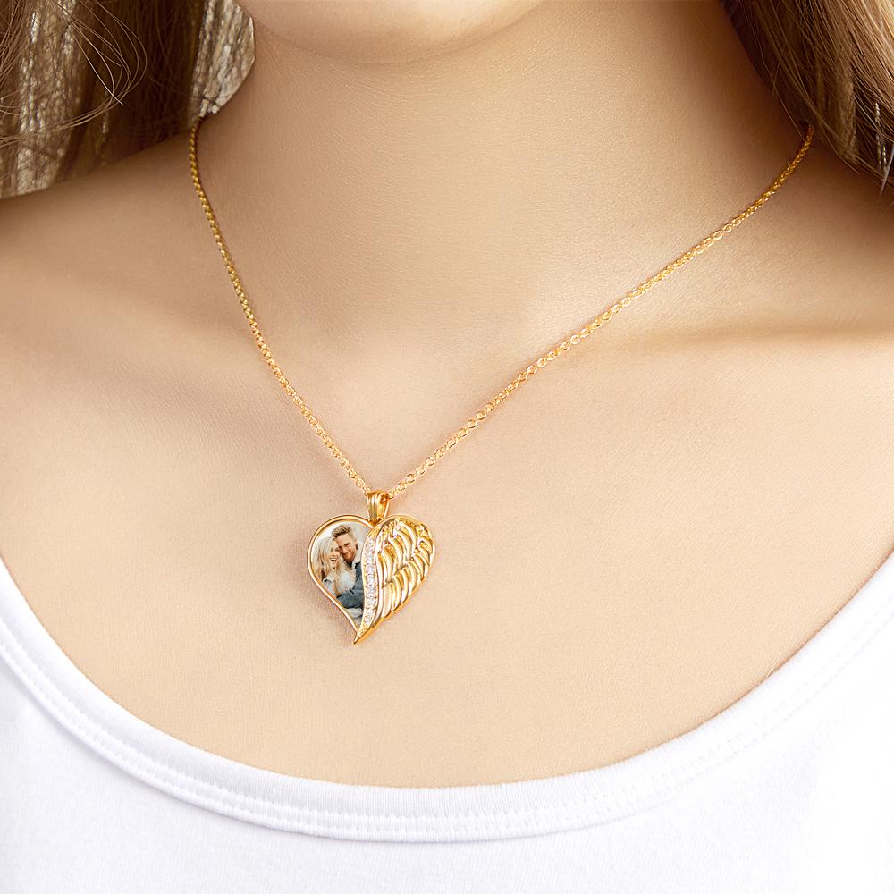 Custom Photo Engraved Necklace Angel Wings Heart Gift For Her
