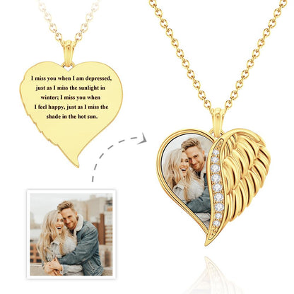 Custom Photo Engraved Necklace Angel Wings Heart Gift For Her