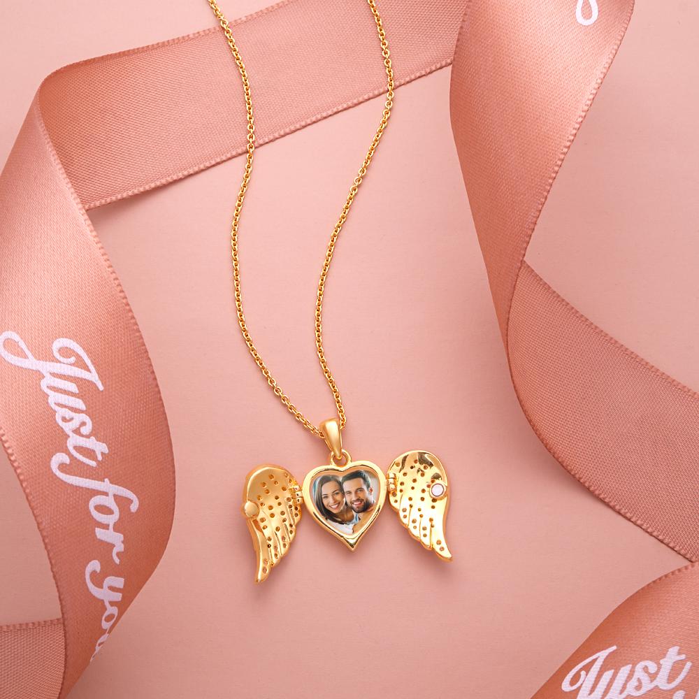 Custom Photo Engraved Necklace Angel Wings Delicate Diamond Gift for Wife