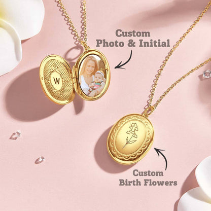 Personalized Birth Flower Locket Necklace with Photo Necklace Gift for Her