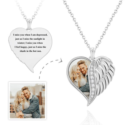 Custom Photo Engraved Necklace Angel Wings Heart Gift For Her