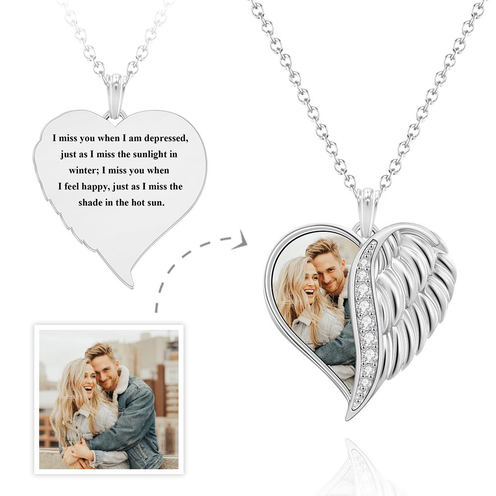 Custom Photo Engraved Necklace Angel Wings Heart Gift For Her