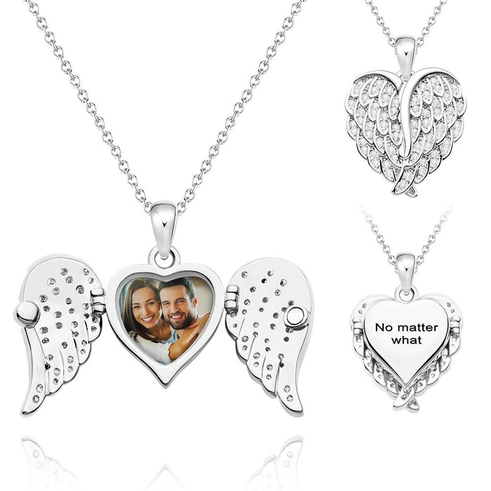 Custom Photo Engraved Necklace Angel Wings Delicate Diamond Gift for Wife