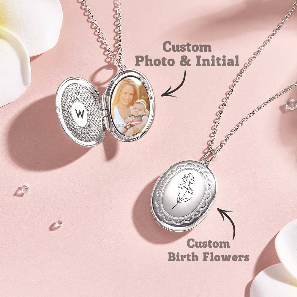 Personalized Birth Flower Locket Necklace with Photo Necklace Gift for Her