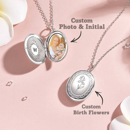 Personalized Birth Flower Locket Necklace with Photo Necklace Gift for Her