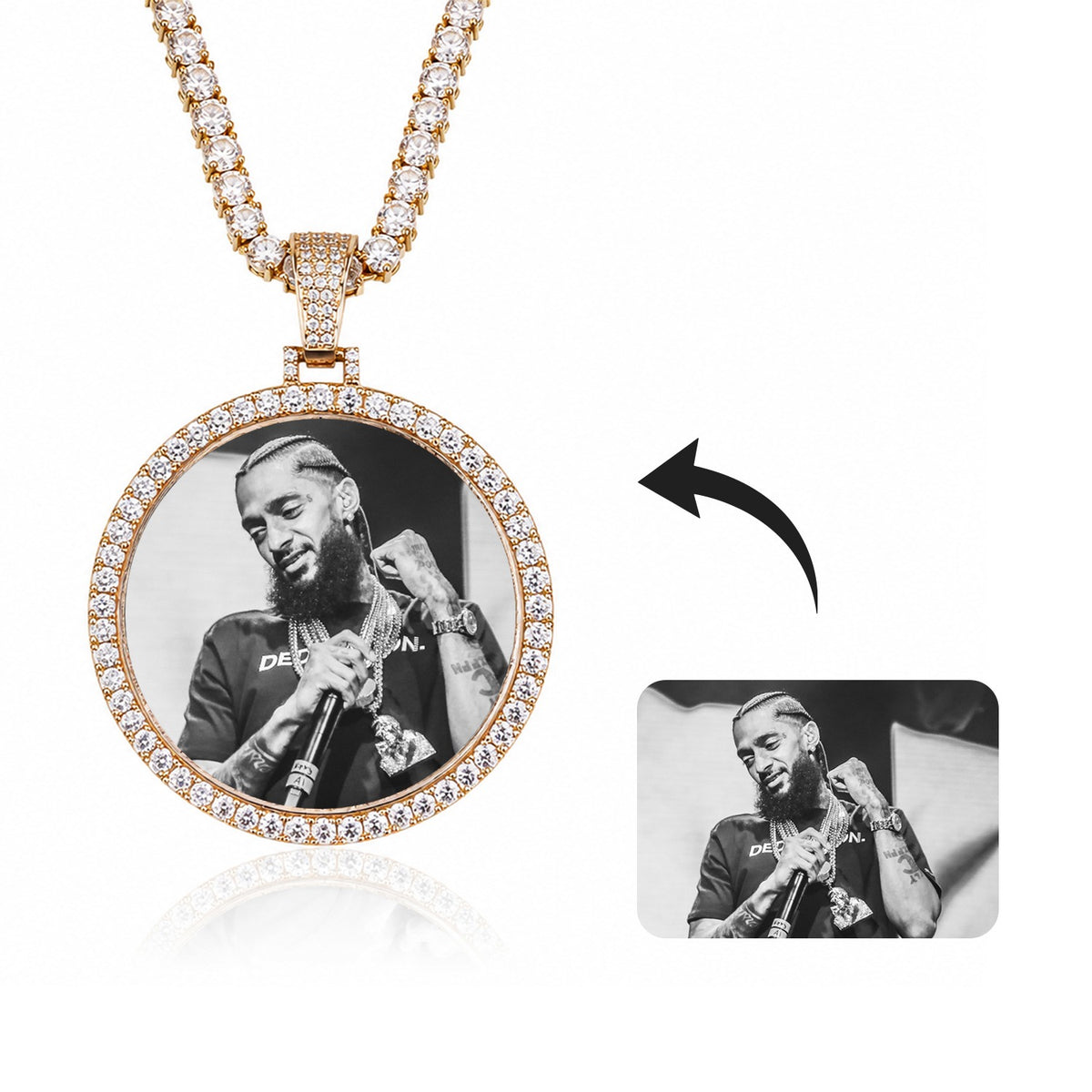 Personalized photo medallion necklace for men – custom picture pendant with iced-out frame on gold tennis chain