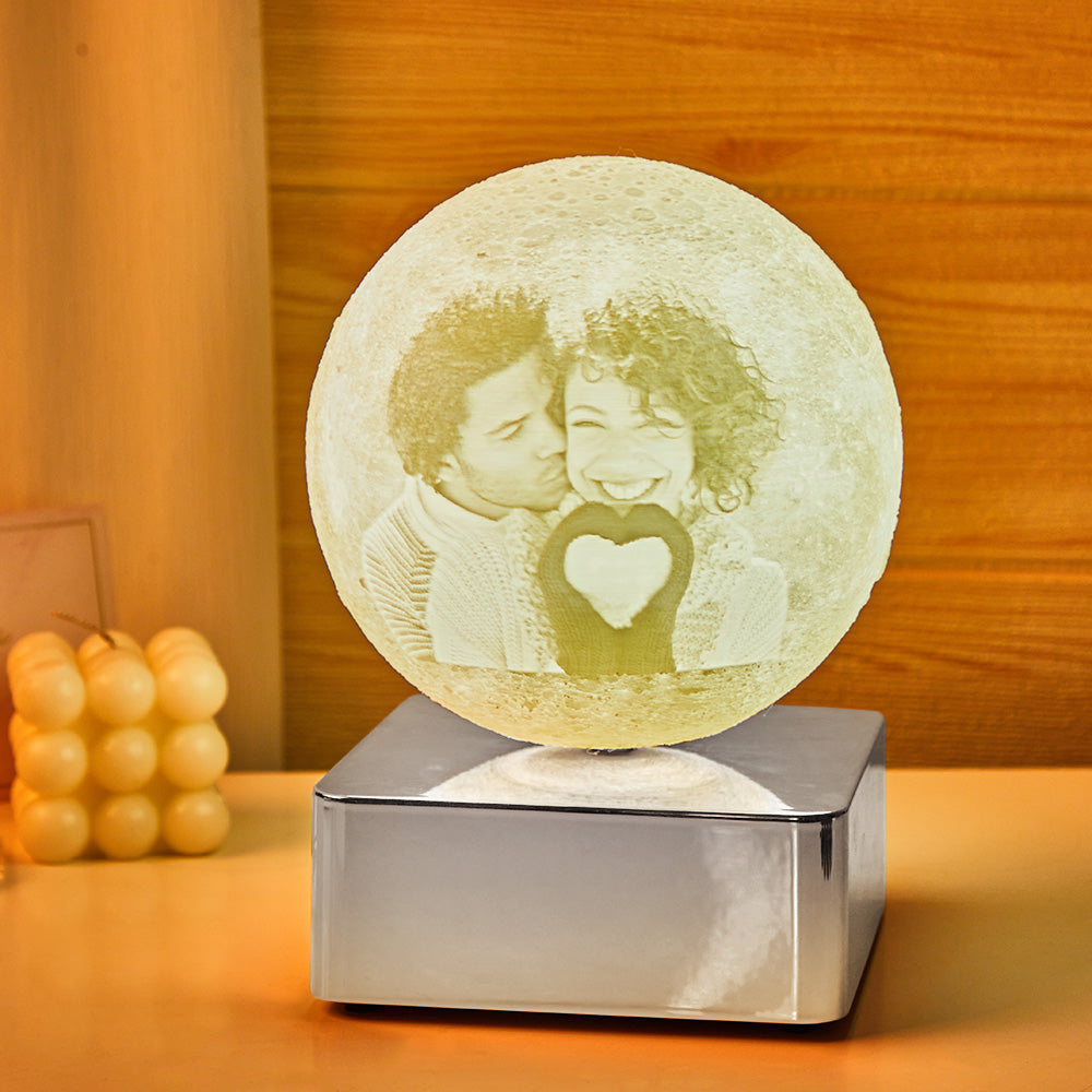 Personalised Photo Moon Lamp with Back Engraved Text For Couple with Bluetooth Silver Base