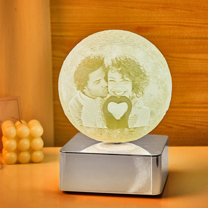 Personalised Photo Moon Lamp with Back Engraved Text For Couple with Bluetooth Silver Base