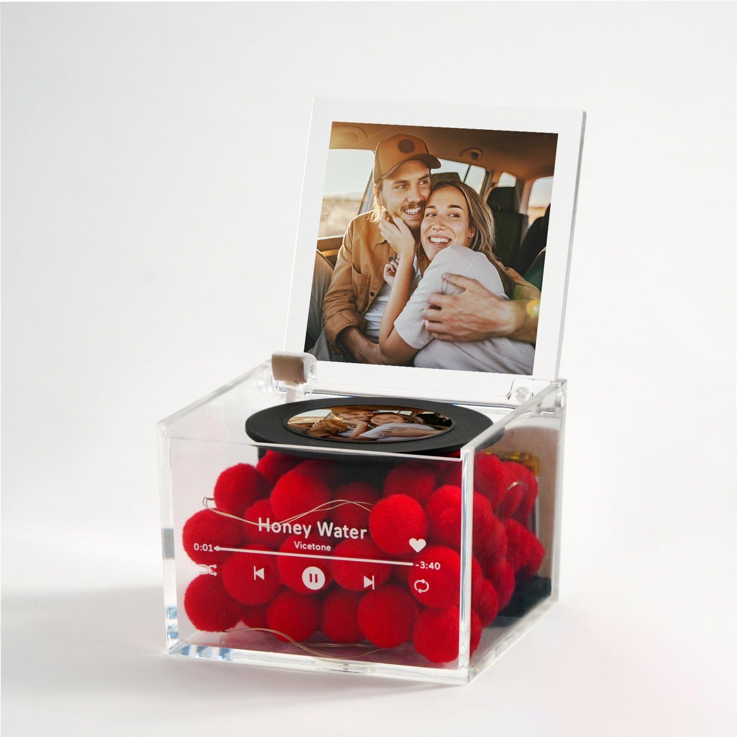 Personalized Mini Music Record Player Custom Photo with Light Acrylic Box Gift For Her