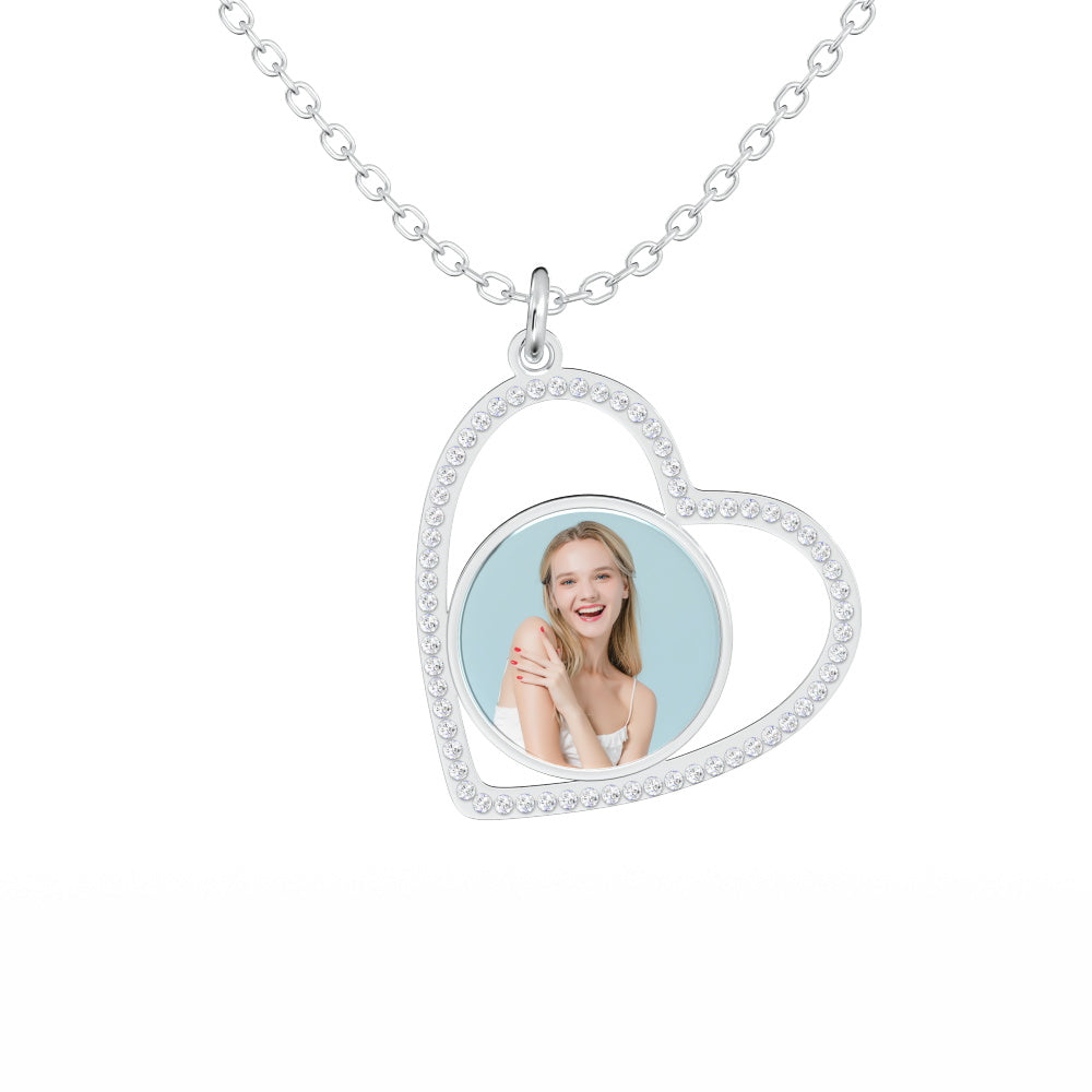 Custom Heart Pendant Inlaid Zircons Photo Necklace For Wife