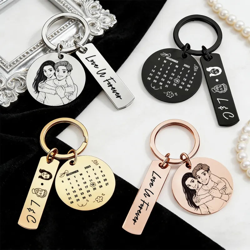 Personalized Calendar Keychain Custom Photo and Date Keyring Couple Portrait Keychain Anniversary Gift