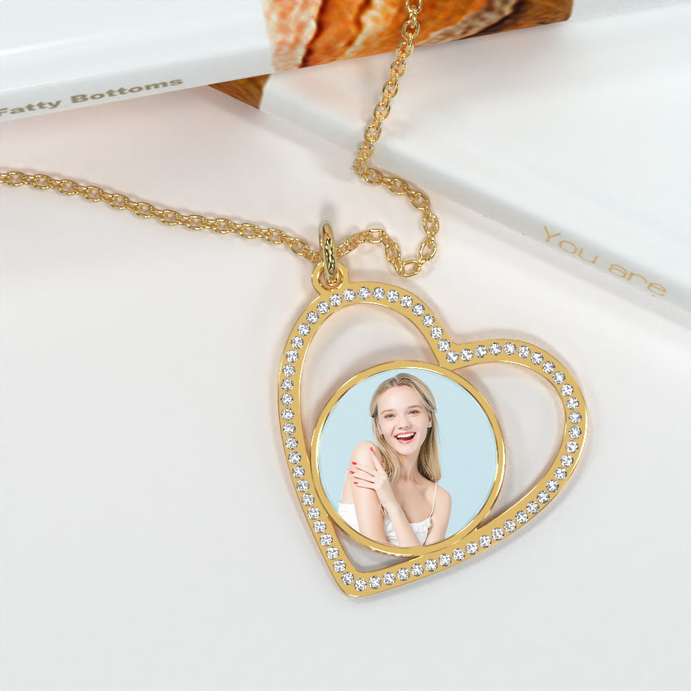 Custom Heart Pendant Inlaid Zircons Photo Necklace For Wife