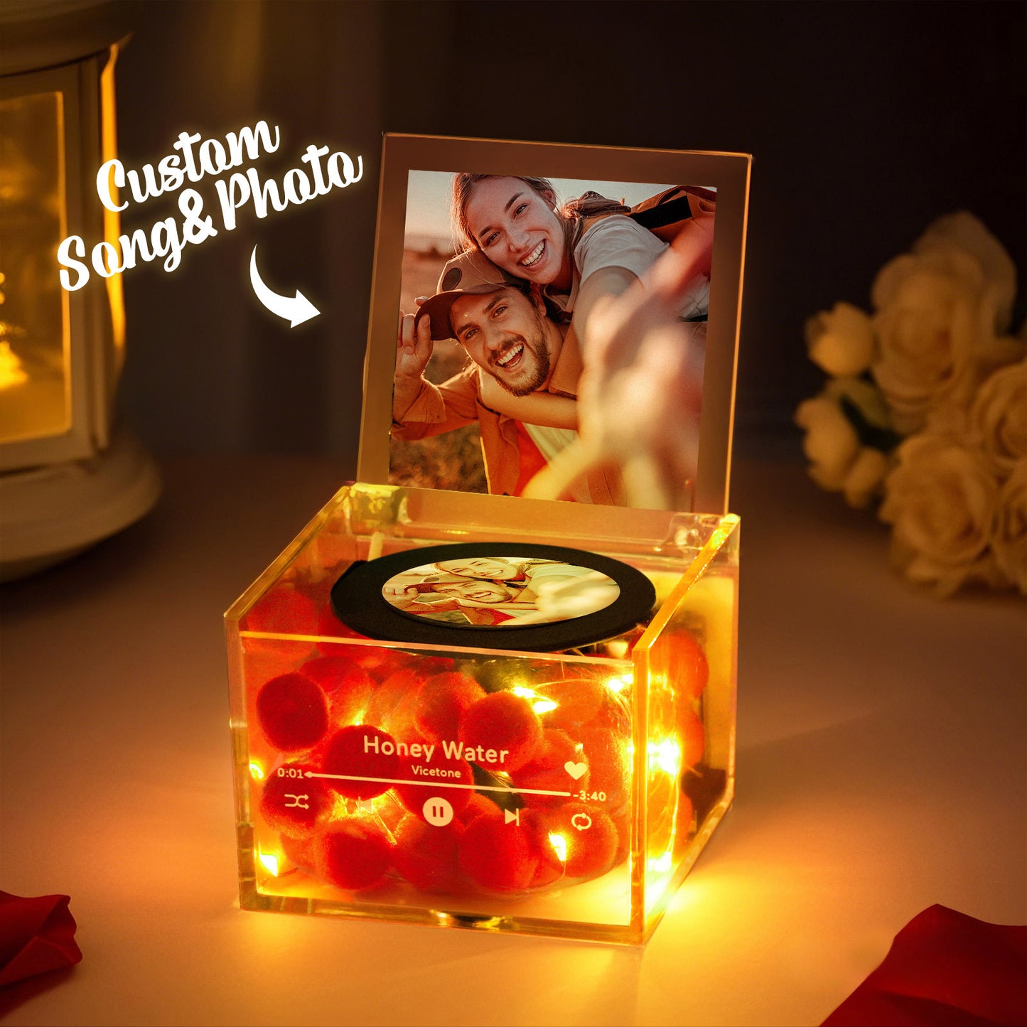 Personalized Mini Music Record Player Custom Photo with Light Acrylic Box Gift For Her