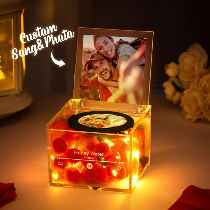 Personalized Mini Music Record Player Custom Photo with Light Acrylic Box Gift For Her